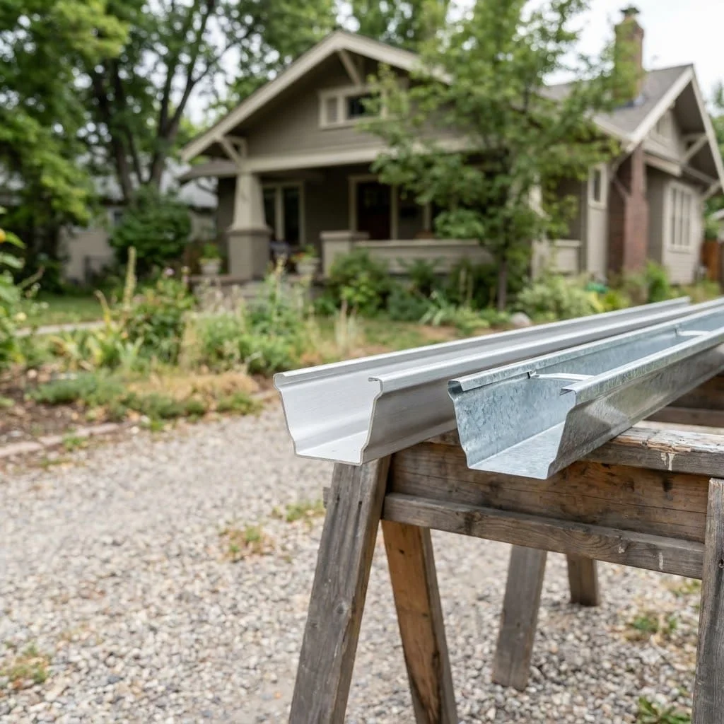 Aluminum gutter section next to a galvanized steel gutter section on a Boise, Idaho home