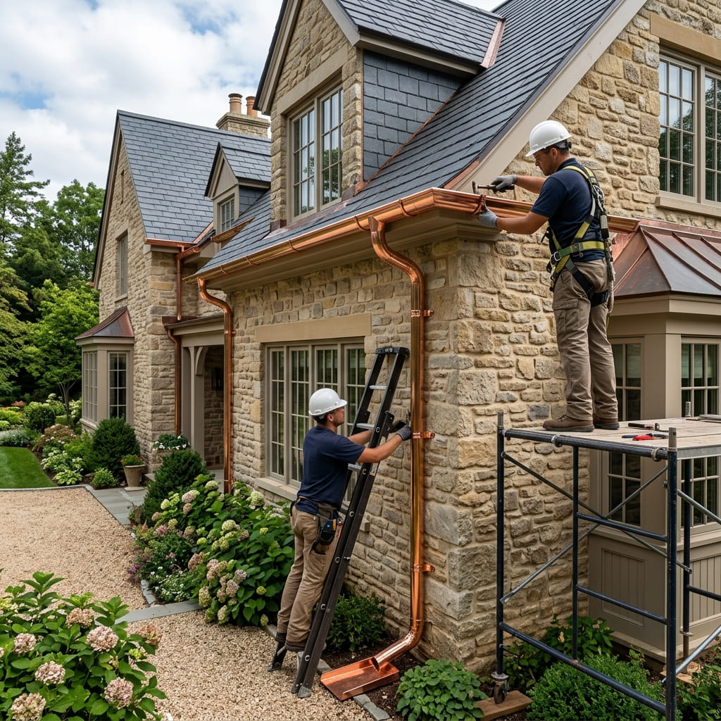 Copper gutters on a custom home in Eagle, Idaho