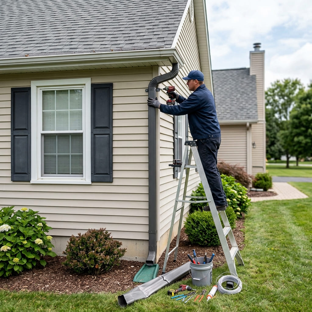 Downspout installation and repair on a Boise, ID home carrying water away from the foundation
