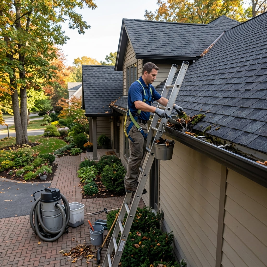 Gutter cleaning on a Boise home with packed leaves being removed from the trough