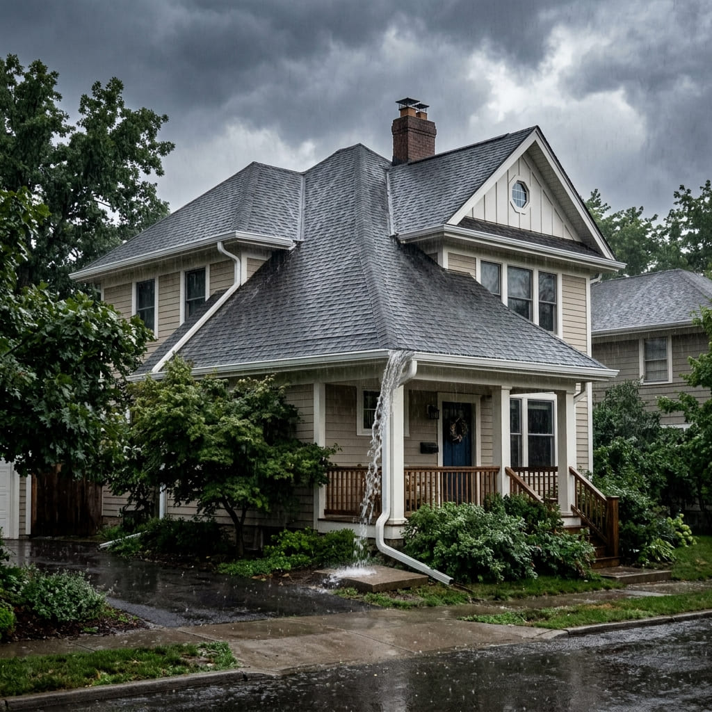 Rainwater sheeting off a roofline where the gutter system has failed