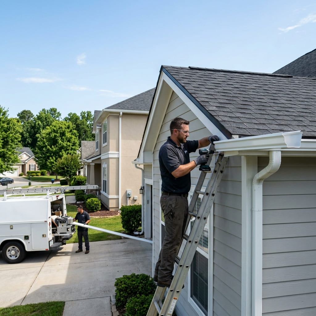New seamless aluminum gutters installed along a Boise, Idaho roofline