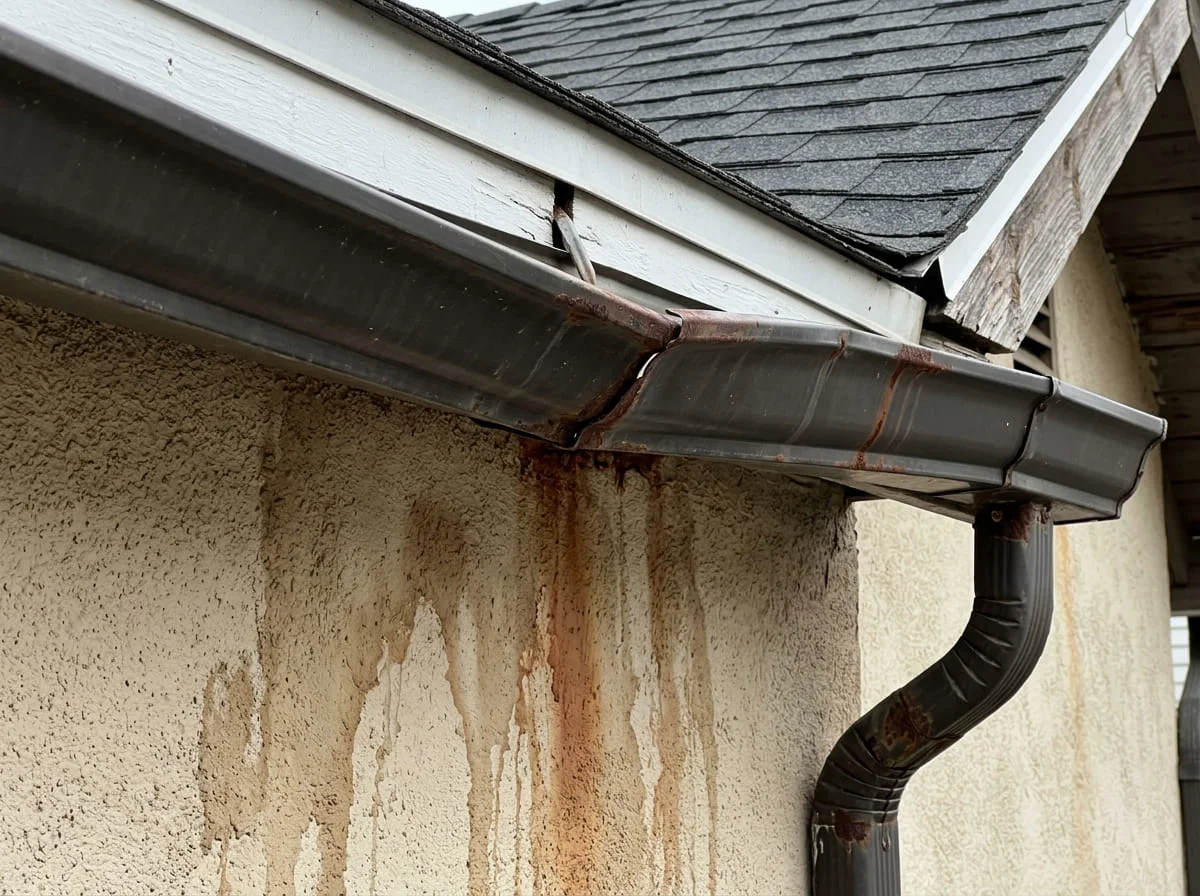 Signs of a failing gutter system — separated seams, sagging runs and water staining below the gutter line